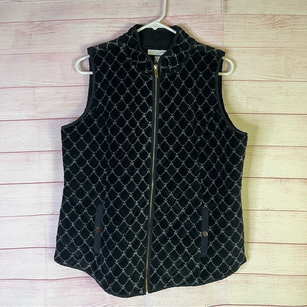 Charter‎ Club Petite Black Geometric Velour Full Zipper Vest Size PL